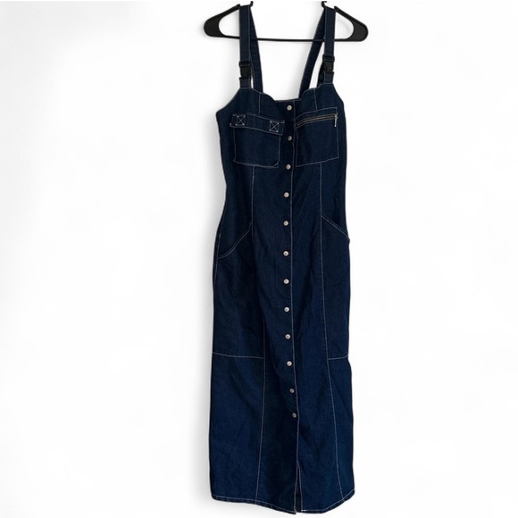 Tommy Jeans Denim Overall Dress Women’s M Button Front Midi Y2K Preppy Pockets - Picture 2 of 7